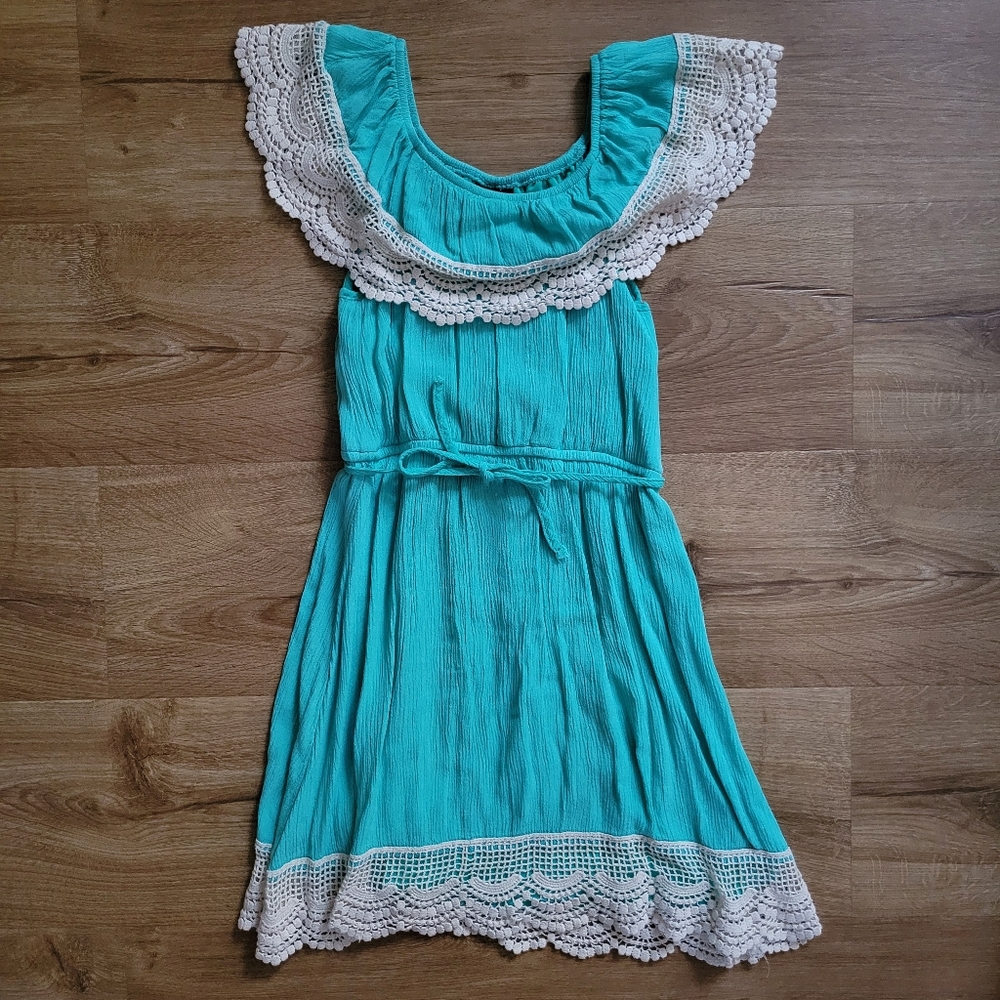 Girls Turquoise Lace-Trim Summer Dress